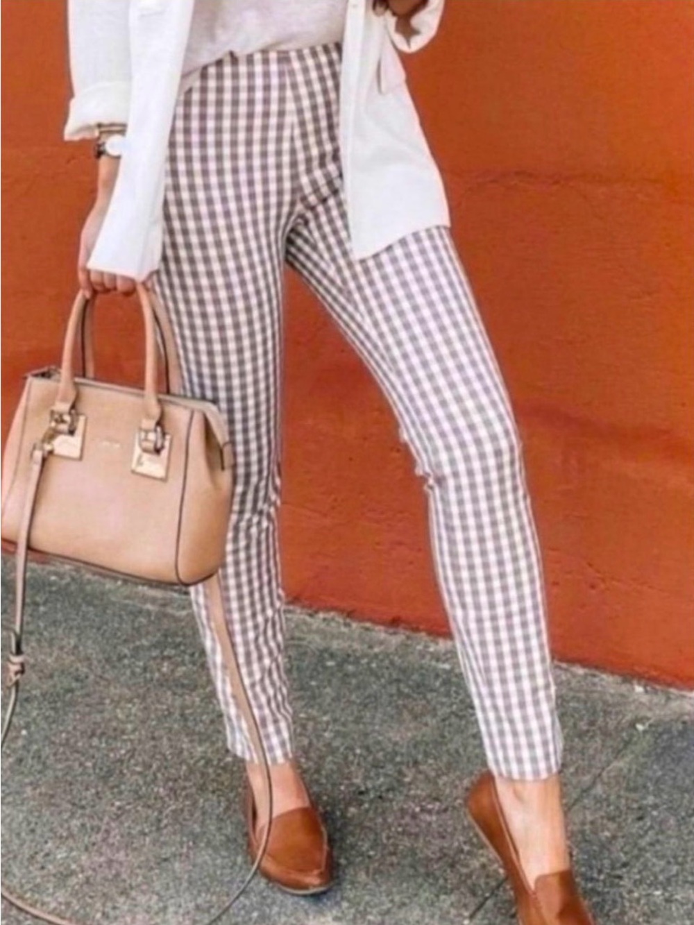 Gingham Check Straight Pants in Brown and White
